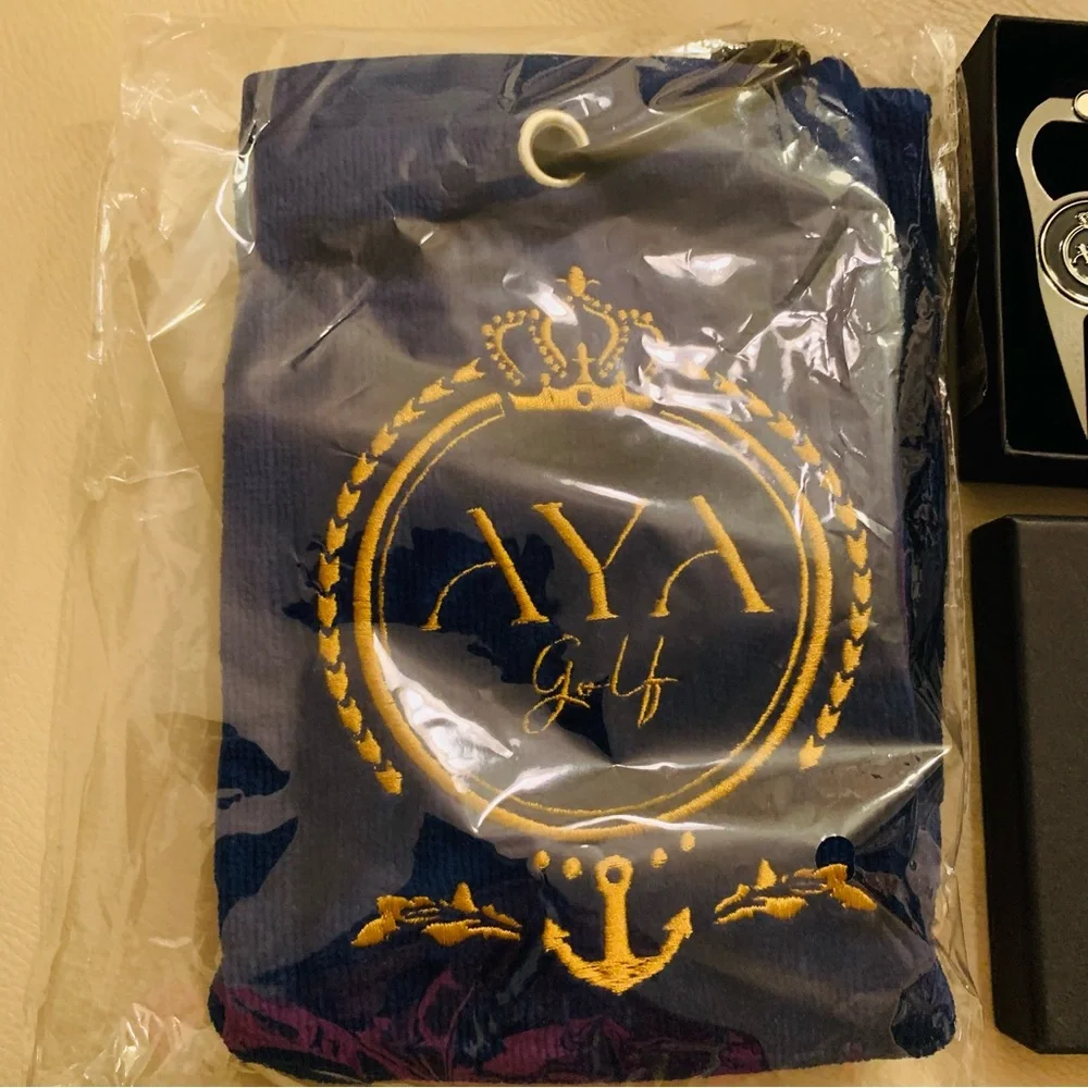 Golf Accessory Set - Blue and Gold/Silver 4 items NEW never used AYA golf